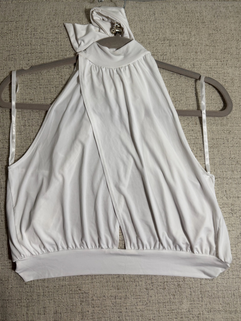 White Halter Bandeau Top with Sleek Gathered Front & Pearl Button Large // XL